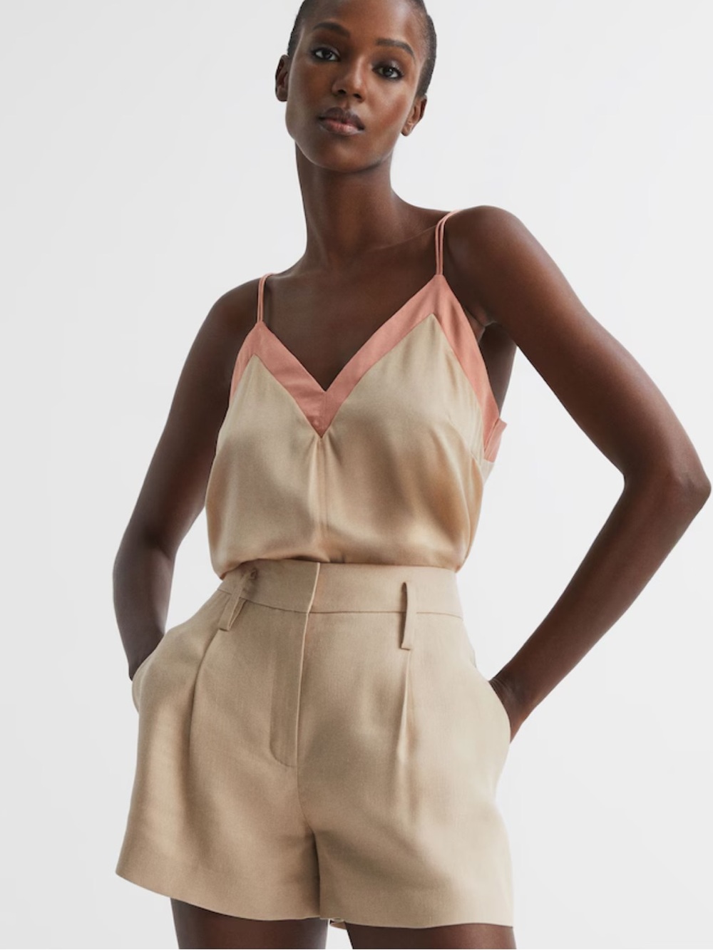 REISS Two-Tone V-Neck Silk Cami Pink & Nude Size Medium